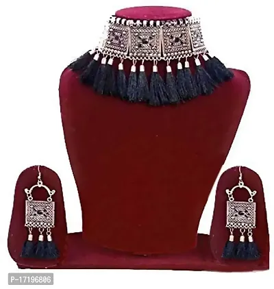 RatCraft Made in India Special Combo Offer Jewellery Set and Hoop earrings for Women Silver and Black Plated unique Oxidised Tribal Cotton Thread Traditional Earring Set with for Women  Girls-thumb2