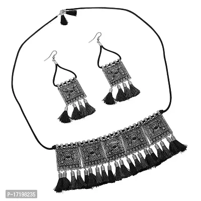 PandZipp Afgani Earring and Choker Necklace Jewellery Set oxidised German Silver with Cotton Threads for Women and Girls-thumb0