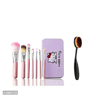 KTABRIZ 7 Pink Makeup Brushes Set with Storage Box for Makeup with 1 Black Oval Foundation Brush - (Pack of 8)