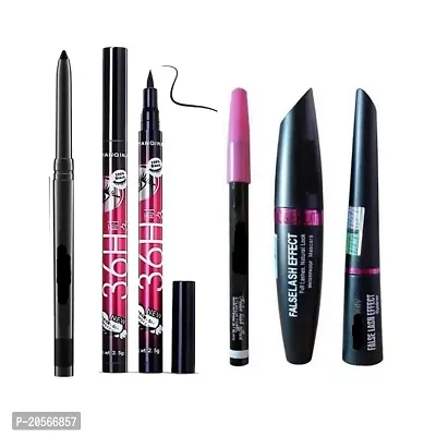 Women's  Girl's SMWF Black 36H Waterproof Yanqina Liquid Eyeliner and 3in1 Eyeliner, Mascara, Eyebrow Pencil and Kajal Pencil - (Pack of 5)-thumb0