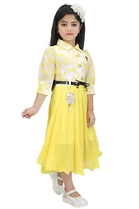 Elegant Yellow Georgette Self Pattern Fit And Flare Dress For Girls-thumb1