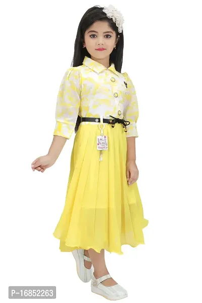 Elegant Yellow Georgette Self Pattern Fit And Flare Dress For Girls-thumb2