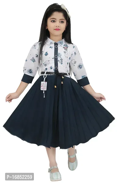 Elegant Navy Blue Georgette Self Pattern Fit And Flare Dress For Girls