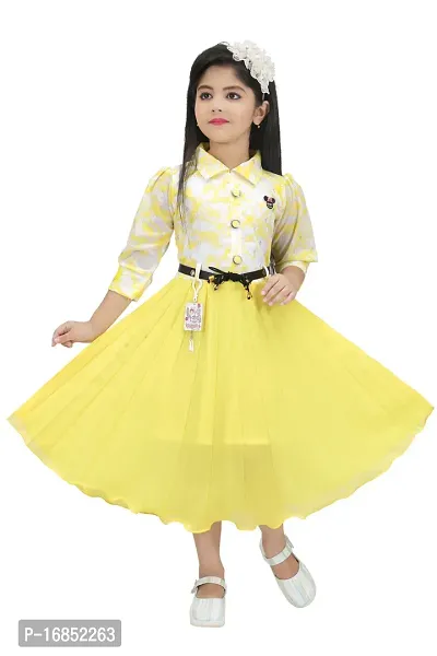 Elegant Yellow Georgette Self Pattern Fit And Flare Dress For Girls-thumb0