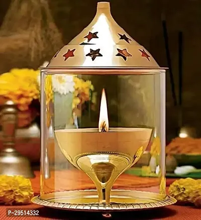 Brass Akhand Diya with Glass Cover - 5 Inch Diwali Decor for Pooja, Home Decoration  Gifts, Borosilicate Batti Lamp with Wick Holder  Gold Lid for Jyoti Lighting in Bedroom  Mandir-thumb0