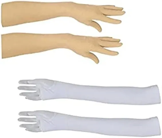 Combo Pack Women's and Men's Cotton Pollution and Sunburn Sunlight Protection Full Hand Gloves for Biking and Driving Dust- Beige (Pack of 2) white cream color