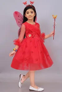 Asifa Fashion Casual Net Solid Knee Length Long Frill Sleeves Red Fairy Princess Costume Dress with Wings, Band for Girls-thumb3