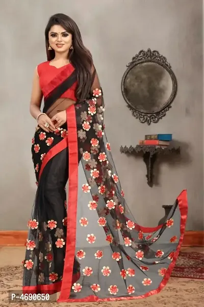 New Trendy Net Flower with Pearl Saree with Blouse piece-thumb0