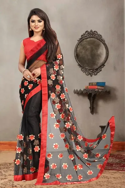 New Trendy 3D Flower Embellished Net Sarees with Blouse Piece