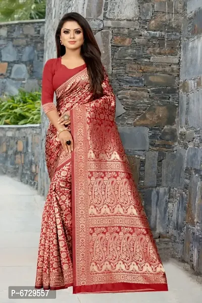 Elegant Red Art Silk Jacquard Saree With Blouse Piece For Women