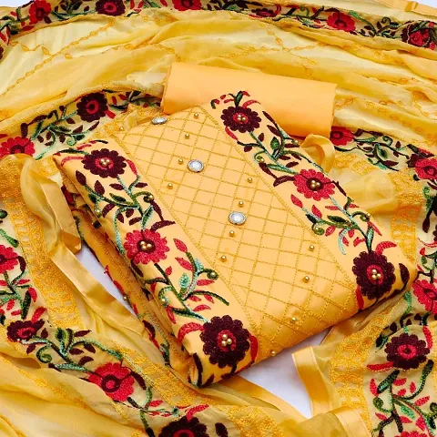 Festive Wear Cotton Embroidered Dress Material With Dupatta