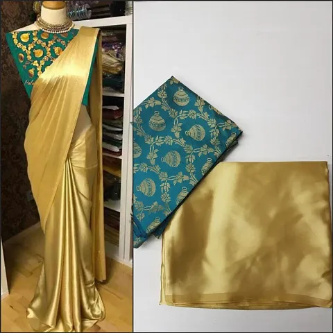 Elegant Solid Satin Silk Saree With Jacquard Blouse Piece