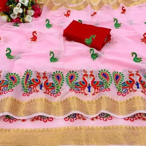 Chanderi Cotton Embroidered Zari Border Sarees with Embroidered Blouse Piece