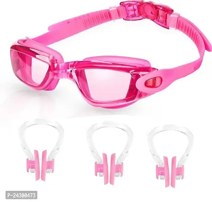 women swimming goggles pink nose plugs3pcs-thumb0