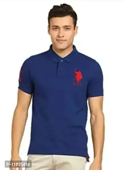 Reliable Navy Blue Cotton Blend Solid Polos For Men-thumb0