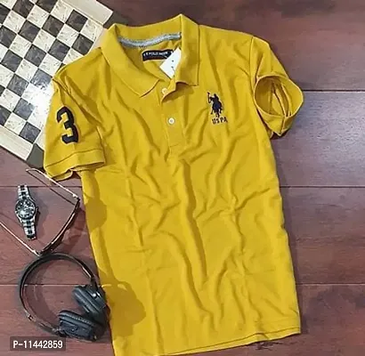 Reliable Yellow Cotton Blend Solid Polos For Men-thumb0