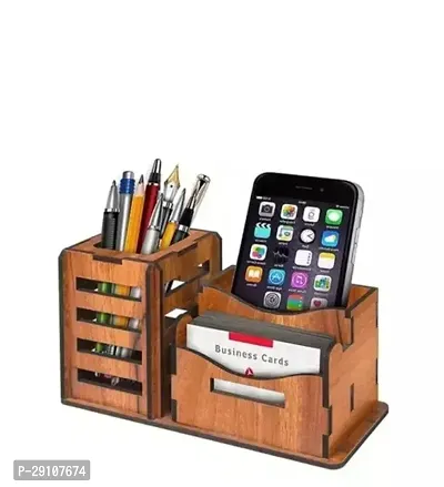 Pen Stand With Visiting Card  Mobile Holder Multipurpose Wooden Desk Organizer Pen And Pencil  pack of 1-thumb0