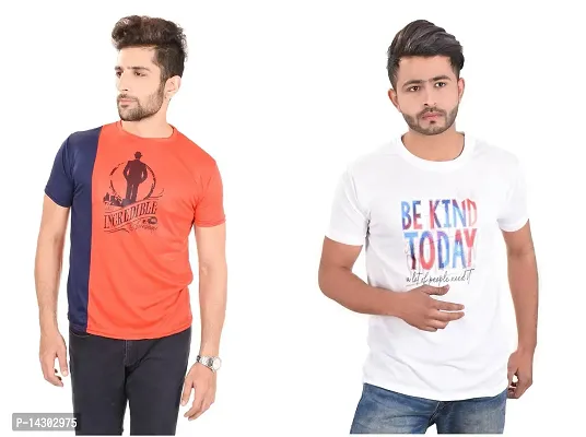 Reliable Multicoloured Polyester  Round Neck Tees For Men Pack Of 2