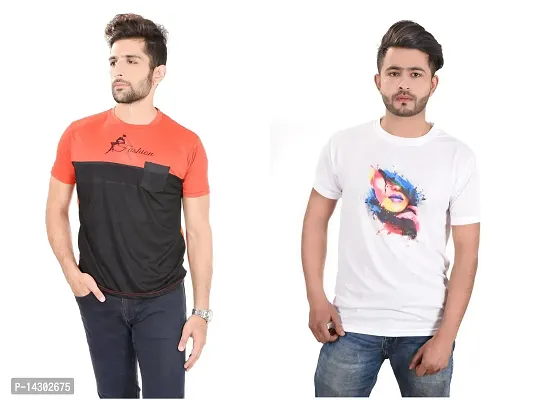 Reliable Multicoloured Polyester  Round Neck Tees For Men Pack Of 2