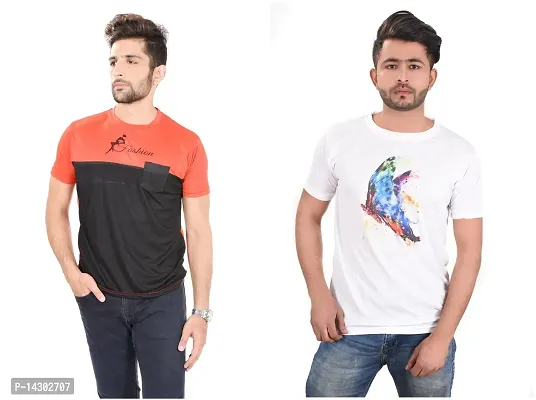 Reliable Multicoloured Polyester  Round Neck Tees For Men Pack Of 2