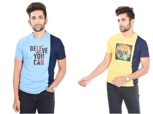 Reliable Multicoloured Polyester Round Neck Tees For Men Pack Of 2