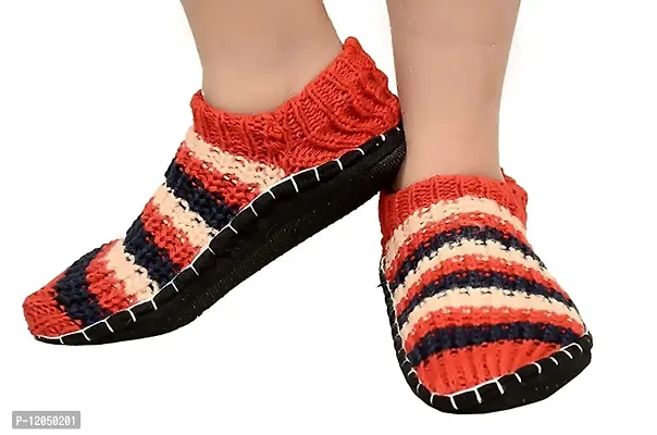 FabChoice- Ladies I Girl Multi-Coloured Striped Warm Winter Knitted Booties Room Slipper Socks, Indoor Warm Socks with Soft Rubber Sole 1 Pair Shoes Size-5