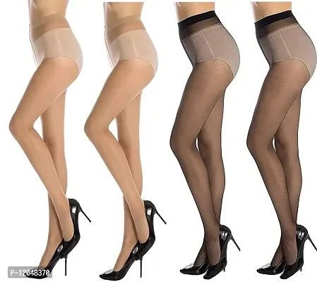 FashionIO - Women's Sheer Transparent high waist Pantyhose stocking with Excellent Stretch (Free Size 30-36 waist) - 2Black+2Skin-thumb3