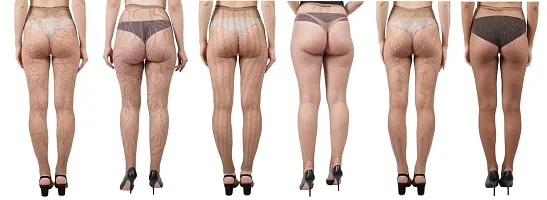 FahionIO - Women's Nylon Spandex High Waist Fishnet (Mix Design) Stocking Pantyhose-Brown Coffe Color-Pack of 6-thumb1