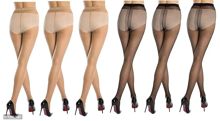 FashionIO - Women's Sheer Transparent high waist Pantyhose stocking with Excellent Stretch (Free Size 30-36 waist) - 3Black+3Skin-thumb2