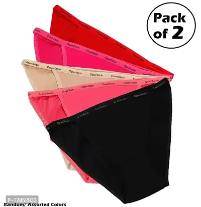 FASHIONIO - Women's Imported Cotton Lycra Multicolor (Solid Plain Color) Bikini/Tanga Brief Panties (28-32 Waist) - Pack of 2-thumb2