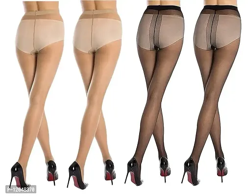 FashionIO - Women's Sheer Transparent high waist Pantyhose stocking with Excellent Stretch (Free Size 30-36 waist) - 2Black+2Skin-thumb2