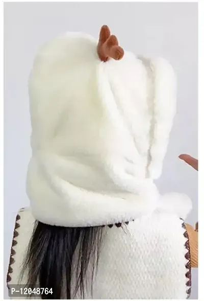 FabChoice-Kids Antler Style Winter Warm Hat Children Hat Plus Fleece Kids Caps Cartoon Elk Hat for Girls I Boys Warm Cap with Scarf (3-6 Year) White Colour-thumb5