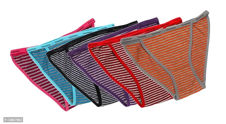 FASHIONIO - Women's Imported Cotton Lycra Multicolor (Stripe Printed) Bikini/Tanga Brief Panties (28-32 Waist) - Pack of 2