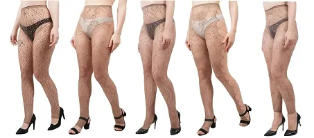 FahionIO - Women's Nylon Spandex High Waist Fishnet (Mix Design) Stocking Pantyhose-Brown Coffe Color-Pack of 5