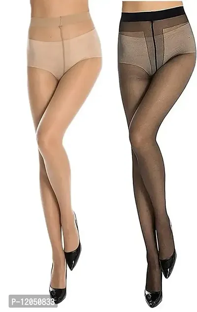 FashionIO - Women's Sheer Transparent high waist Pantyhose stocking with Excellent Stretch (Free Size 30-36 waist) - 1Black+1Skin-thumb0