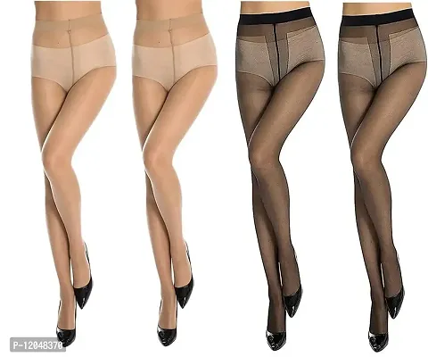 FashionIO - Women's Sheer Transparent high waist Pantyhose stocking with Excellent Stretch (Free Size 30-36 waist) - 2Black+2Skin-thumb0