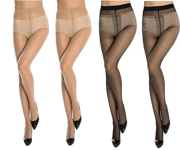 FashionIO - Women's Sheer Transparent high waist Pantyhose stocking with Excellent Stretch (Free Size 30-36 waist) - 2Black+2Skin