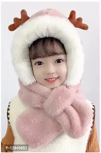 FabChoice- Winter Warm Hat Children Hat Plus Fleece Kids Caps Cartoon Antler Hat for Girls I Boys Warm Cap with Scarf (3-6 Year) Pink Colour-thumb4
