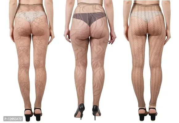 FahionIO - Women's Nylon Spandex High Waist Fishnet (Mix Design) Stocking Pantyhose-Brown Coffe Color-Pack of 3-thumb2