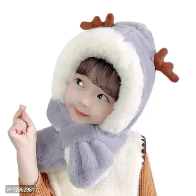 FabChoice-Kids Antler Style Winter Warm Hat Children Hat Plus Fleece Kids Caps Cartoon Elk Hat for Girls I Boys Warm Cap with Scarf (3-6 Year) Grey Colour