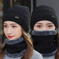 FashionIO? - Autumn and Winter Men's I Women's Woolen Designer Cap Winter Warm Plus Velvet Windproof Ear Protection Scarf hat Set - Black Color-thumb2