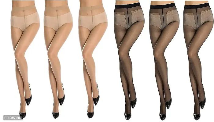 FashionIO - Women's Sheer Transparent high waist Pantyhose stocking with Excellent Stretch (Free Size 30-36 waist) - 3Black+3Skin-thumb0