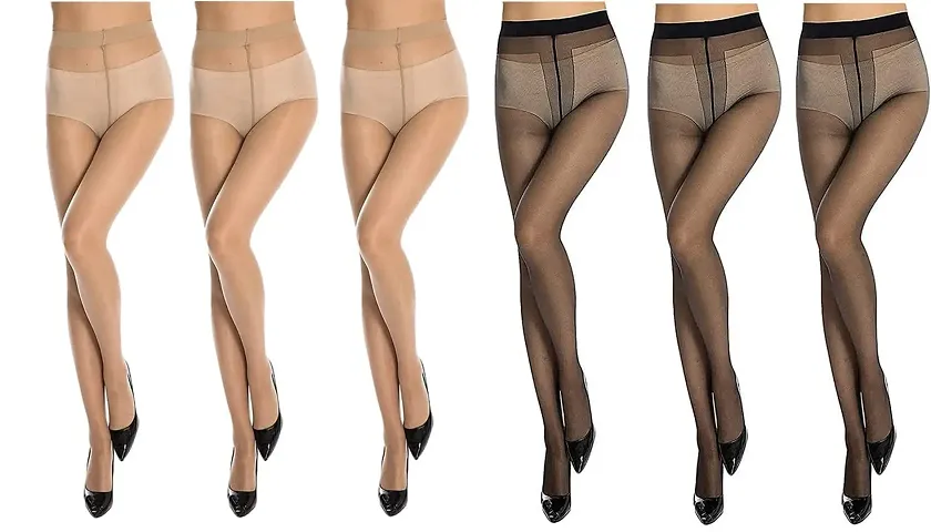 FashionIO - Women's Sheer Transparent high waist Pantyhose stocking with Excellent Stretch (Free Size 30-36 waist) - 3Black+3Skin