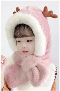 FabChoice-Kids Antler Style Winter Warm Hat Children Hat Plus Fleece Kids Caps Cartoon Elk Hat for Girls I Boys Warm Cap with Scarf (3-6 Year) Pink Colour-thumb2