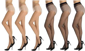 FashionIO - Women's Sheer Transparent high waist Pantyhose stocking with Excellent Stretch (Free Size 30-36 waist) - 3Black+3Skin-thumb2