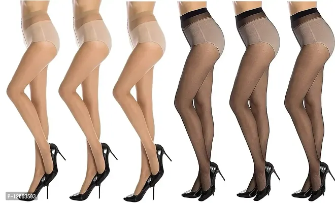 FashionIO - Women's Sheer Transparent high waist Pantyhose stocking with Excellent Stretch (Free Size 30-36 waist) - 3Black+3Skin-thumb3