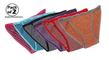 FASHIONIO - Women's Imported Cotton Lycra Multicolor (Stripe Printed) Bikini/Tanga Brief Panties (28-32 Waist) - Pack of 2-thumb1