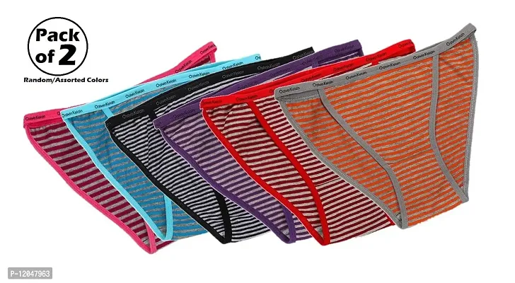 FASHIONIO - Women's Imported Cotton Lycra Multicolor (Stripe Printed) Bikini/Tanga Brief Panties (28-32 Waist) - Pack of 2-thumb2
