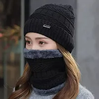 FashionIO? - Autumn and Winter Men's I Women's Woolen Designer Cap Winter Warm Plus Velvet Windproof Ear Protection Scarf hat Set - Black Color-thumb3