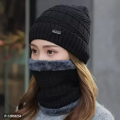 FashionIO? - Autumn and Winter Men's I Women's Woolen Designer Cap Winter Warm Plus Velvet Windproof Ear Protection Scarf hat Set - Black Color-thumb4